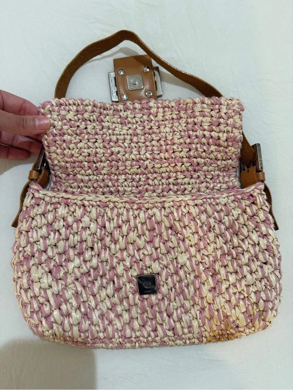 Fendi Pink Raffia Baguette Bag